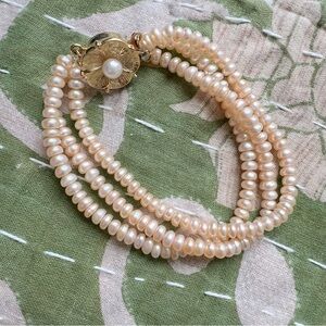 Vintage Pearl Bracelet triple strand Gold floral Clasp stamped silver